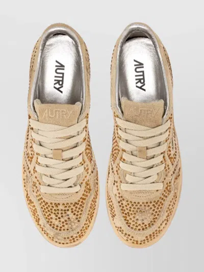 Autry Medalist Low Sneakers In Bronze Suede With Crystal Micro Rhinestones In Gold