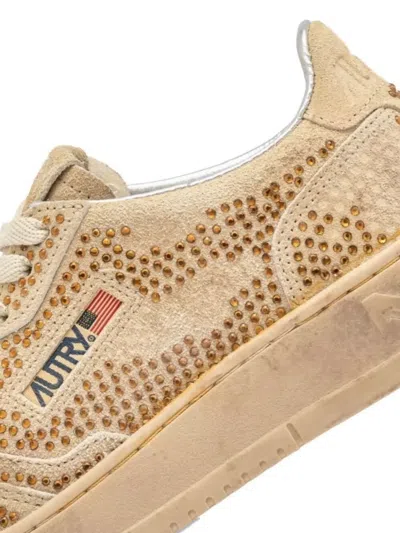Autry Medalist Low Sneakers In Bronze Suede With Crystal Micro Rhinestones In Gold