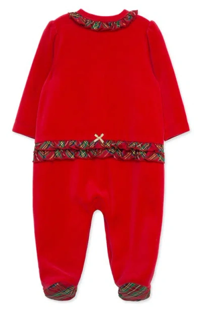 Little Me Holly Embroidered Plaid Trim Cotton Blend Velour Footie In Red