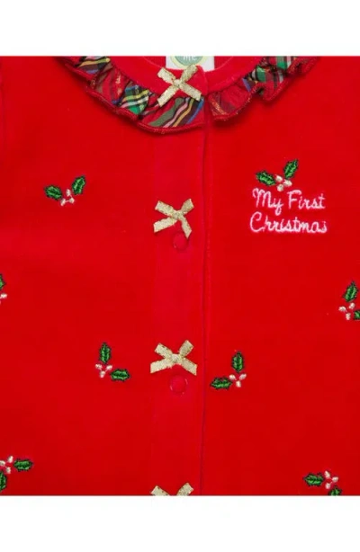 Little Me Holly Embroidered Plaid Trim Cotton Blend Velour Footie In Red