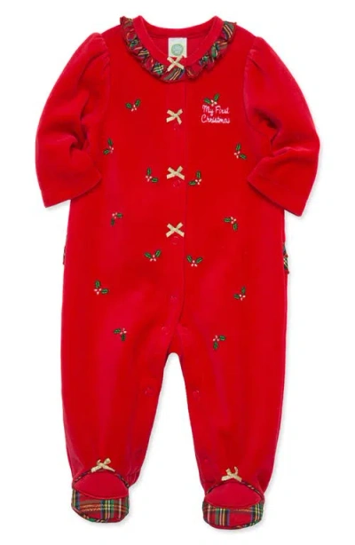 Little Me Holly Embroidered Plaid Trim Cotton Blend Velour Footie In Red