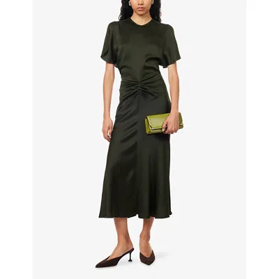 Victoria Beckham Womens Dark Olive Gathered Slim-fit Woven Midi Dress In Green