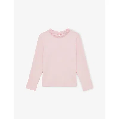 Reiss Pink Flora Frill-neck Stretch-cotton Top 3-9 In Pink