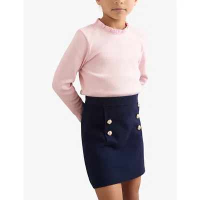 Reiss Pink Flora Frill-neck Stretch-cotton Top 3-9 In Pink