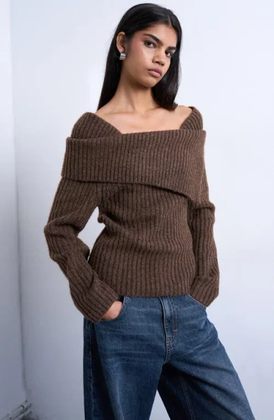 Topshop Ribbed Off The Shoulder Sweater In Brown