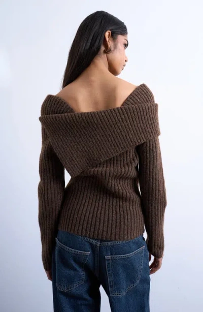 Topshop Ribbed Off The Shoulder Sweater In Brown