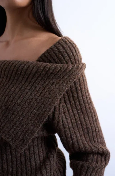 Topshop Ribbed Off The Shoulder Sweater In Brown