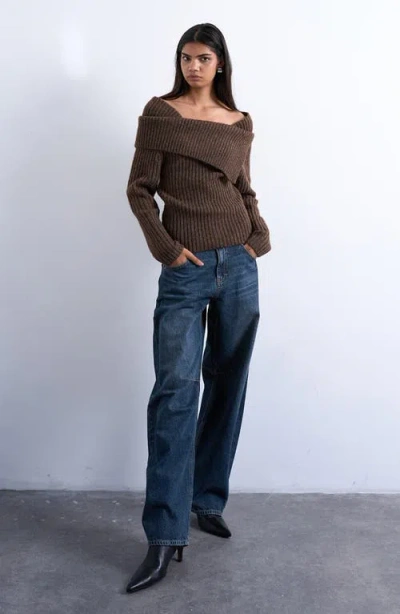 Topshop Ribbed Off The Shoulder Sweater In Brown