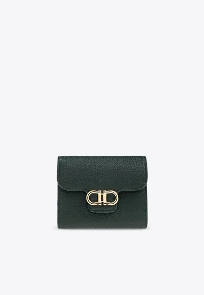 Ferragamo Gancini Grained Leather Compact Wallet In Green