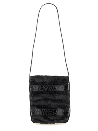 Manebi Textured Raffia Bucket Bag With Glossy Accents In Black