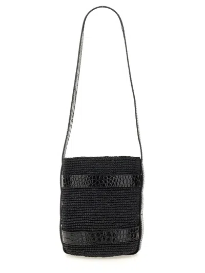 Manebi Textured Raffia Bucket Bag With Glossy Accents In Black