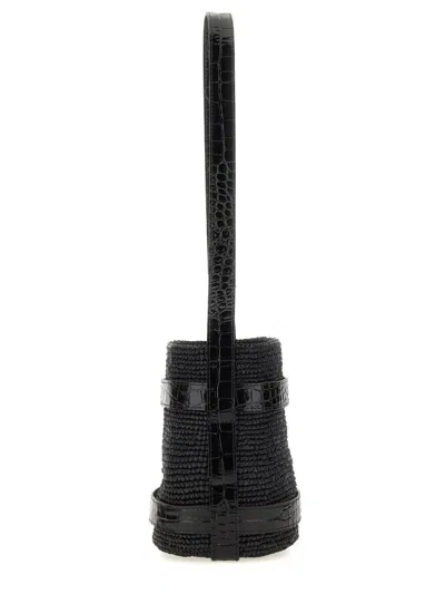 Manebi Textured Raffia Bucket Bag With Glossy Accents In Black