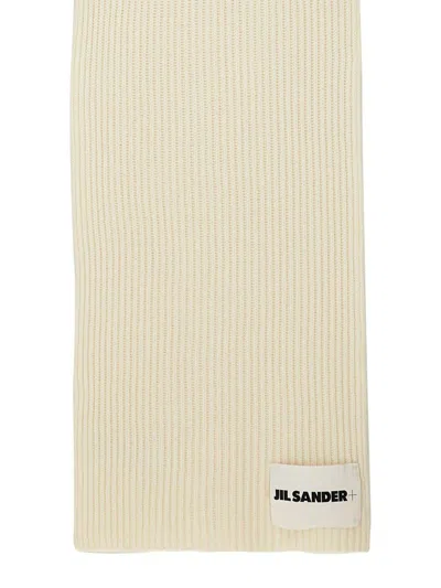 Jil Sander Ribbed Wool Scarf With Subtle Logo Detail In Neutral