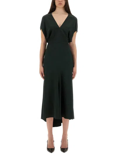 Victoria Beckham Dark Green Midi Dress In Satin In Animal Print
