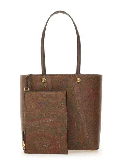 Etro Dark Brown Paisley Fabric Shopping L Bag In Brown