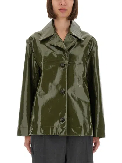 Ps By Paul Smith Ps Paul Smith Glossy-finish Green Leather Jacket With Classic Collar In Green