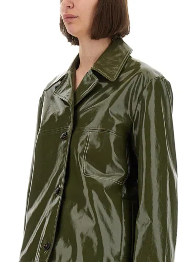 Ps By Paul Smith Ps Paul Smith Glossy-finish Green Leather Jacket With Classic Collar In Green