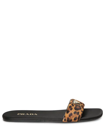 Prada Animal Print Genuine Calf Hair Slide Sandal In Miele Calf Hair Print