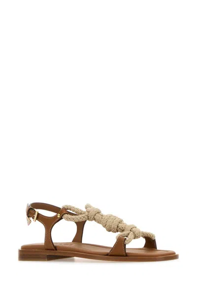 Prada Fabric And Leather Sandals With Braided Straps In Brown