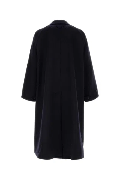 Prada Wool Blend Coat With Buttoned Cuffs In Blue