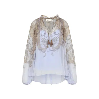 Zimmermann Multicolor Blouse With Ruched Collar And All-over Paisley Motif In Viscose Woman In Neutral