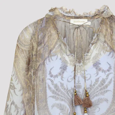 Zimmermann Multicolor Blouse With Ruched Collar And All-over Paisley Motif In Viscose Woman In Neutral