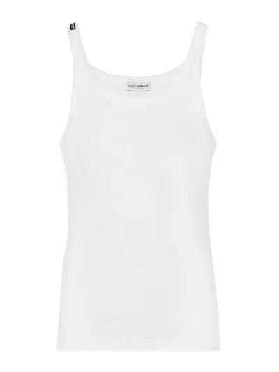 Dolce & Gabbana White Ribbed Tank Top With Logo Label In Cotton