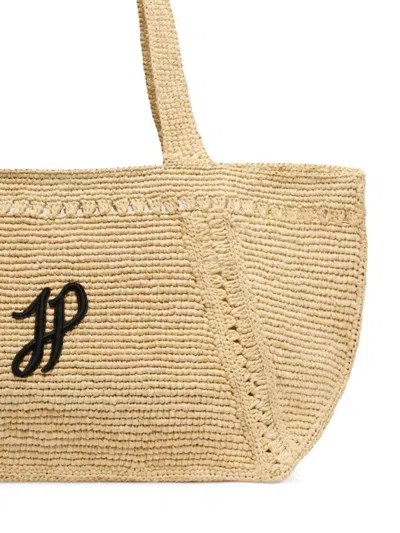 Patou Structured Raffia Tote Bag With Intricate Detailing In Nude
