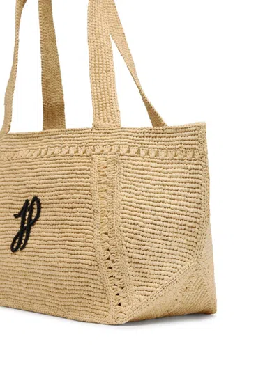 Patou Structured Raffia Tote Bag With Intricate Detailing In Nude