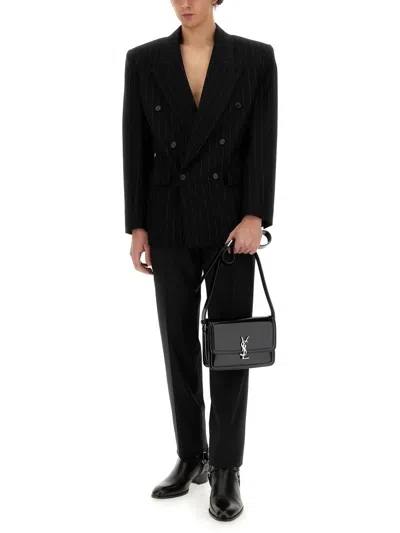Saint Laurent Oversized Double Breasted Pinstripe Jacket In Black