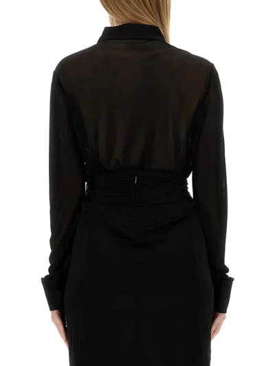 Saint Laurent Long Sleeve Sheer Collared Jersey Top In Black