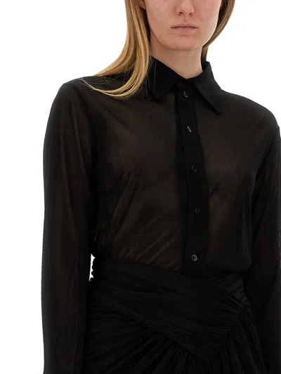 Saint Laurent Long Sleeve Sheer Collared Jersey Top In Black