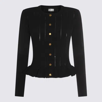 Elisabetta Franchi Tricot Pattern Sweater With Padded Shoulder Straps And Embroidered Hem In Black