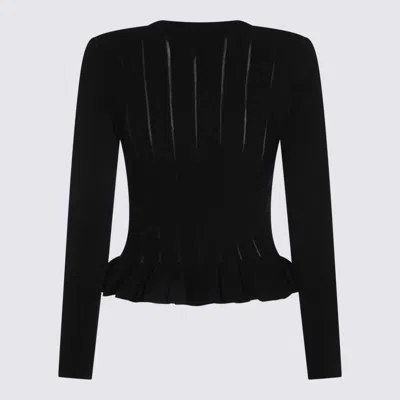 Elisabetta Franchi Tricot Pattern Sweater With Padded Shoulder Straps And Embroidered Hem In Black