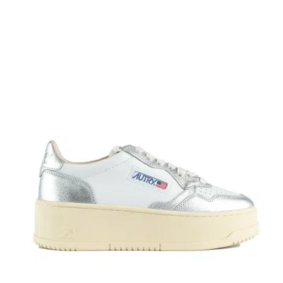 Autry Silver Metallic And White Leather Medalist Platform Sneakers In Multi