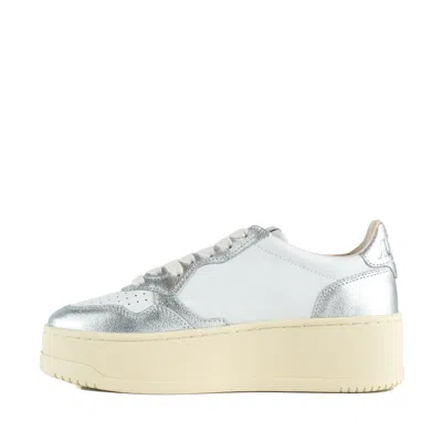 Autry Silver Metallic And White Leather Medalist Platform Sneakers In Multi