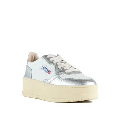 Autry Silver Metallic And White Leather Medalist Platform Sneakers In Multi