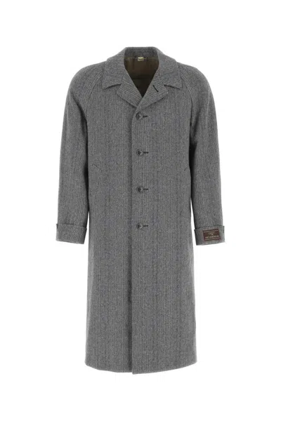 Gucci Long Houndstooth Wool Coat With Peaked Lapels In Gray