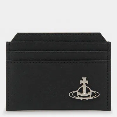 Vivienne Westwood Black Card Holder With Orb Detail On The Front In Grained Leather Woman