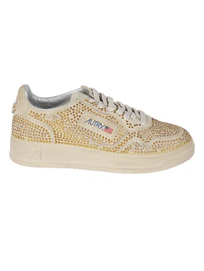 Autry Medalist Low Sneakers In Bronze Suede With Crystal Micro Rhinestones In Animal Print