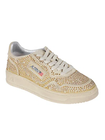 Autry Medalist Low Sneakers In Bronze Suede With Crystal Micro Rhinestones In Animal Print
