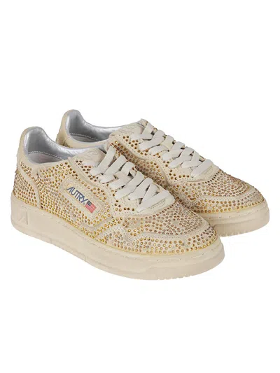 Autry Medalist Low Sneakers In Bronze Suede With Crystal Micro Rhinestones In Animal Print