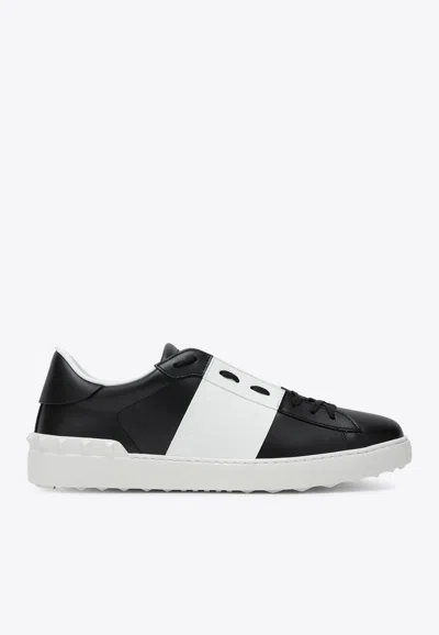 Valentino Garavani Black Leather Open Sneakers With White Band In Multi