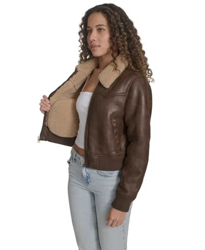 Levi's Faux Leather Bomber Jacket With Sherpa Collar In Brown