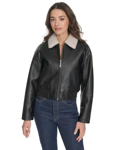 Levi's Faux Leather Bomber Jacket With Sherpa Collar In Black