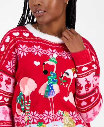 Hooked Up By Iot Juniors' Festive Flamingo Pullover Sweater In Red