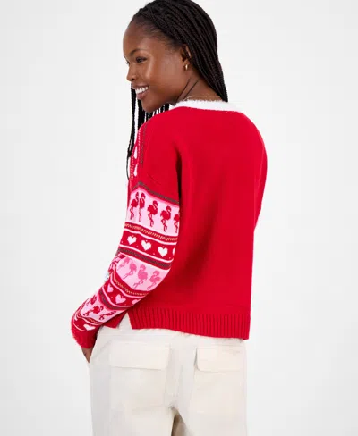 Hooked Up By Iot Juniors' Festive Flamingo Pullover Sweater In Red