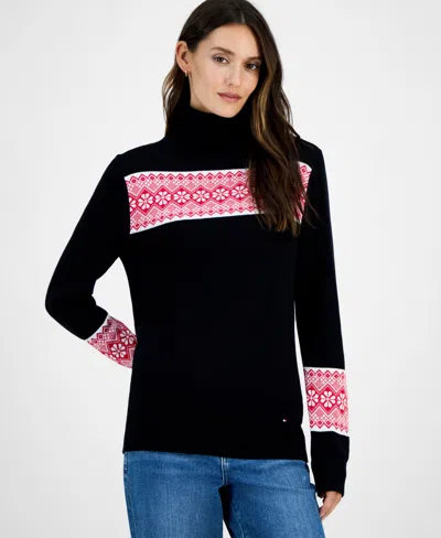 Tommy Hilfiger Women's Cotton Fair Isle Turtleneck Sweater In Black