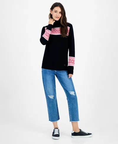 Tommy Hilfiger Women's Cotton Fair Isle Turtleneck Sweater In Black
