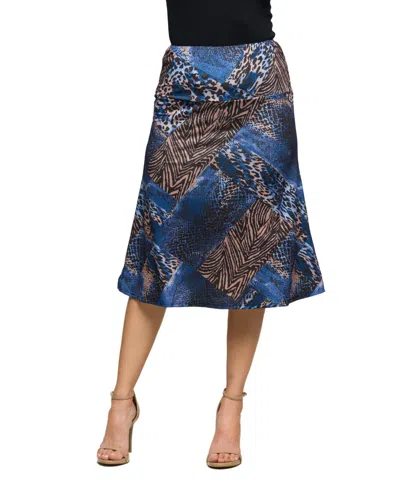 24seven Comfort Apparel Women's Blue Animal Print Knee Length Skirt In Multi